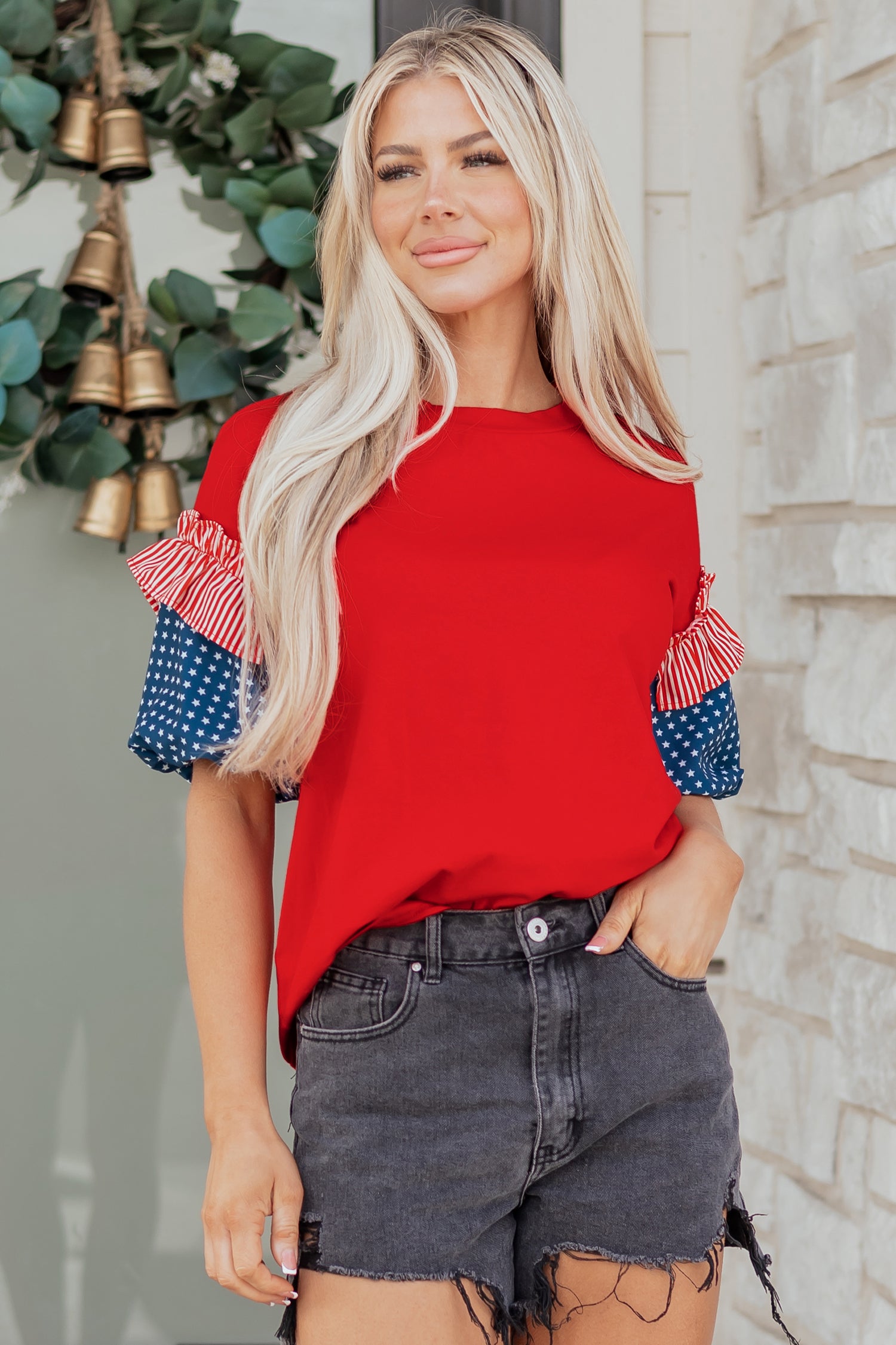 Fiery Red Stars Stripes Short Puff Sleeve Top-Tops/Tops & Tees-[Adult]-[Female]-2022 Online Blue Zone Planet
