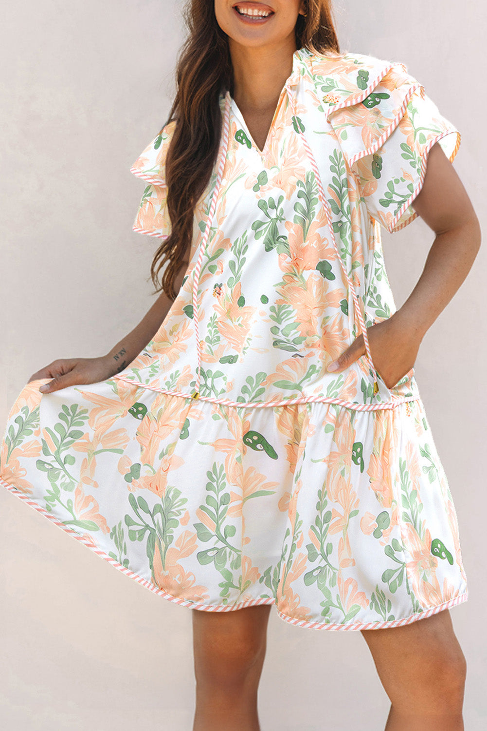 Orange Floral Contrast Edge Layered Short Sleeve Mini Dress-TOPS / DRESSES-[Adult]-[Female]-2022 Online Blue Zone Planet