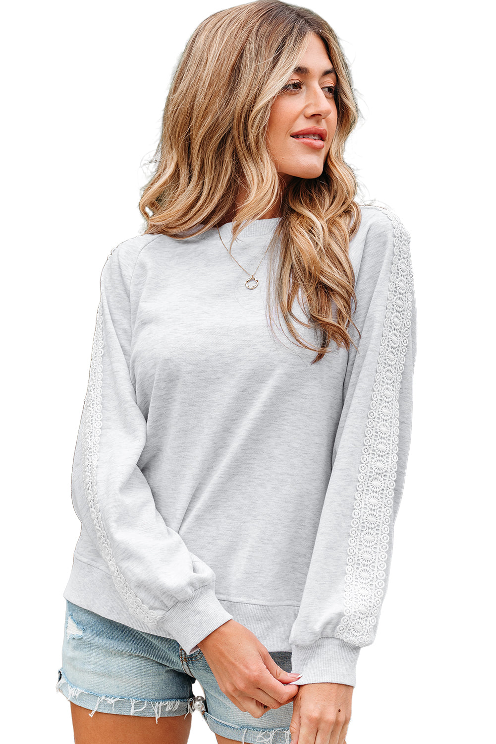 Light Grey Lace Patchwork Raglan Sleeve Crew Neck Sweatshirt-Tops/Sweatshirts & Hoodies-[Adult]-[Female]-2022 Online Blue Zone Planet