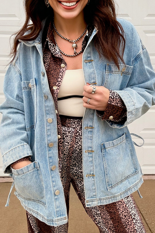Beau Blue Multi Patched Pockets Side Tie up Boyfriend Style Denim Jacket-Outerwear/Denim jackets-[Adult]-[Female]-2022 Online Blue Zone Planet