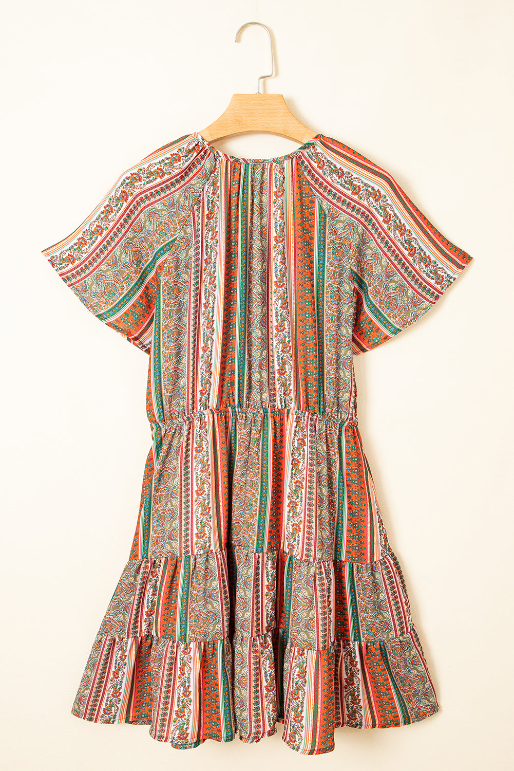 Red Bohemian Floral Print Buttoned V Neck Ruffle Tiered Dress-Short Dresses-[Adult]-[Female]-2022 Online Blue Zone Planet
