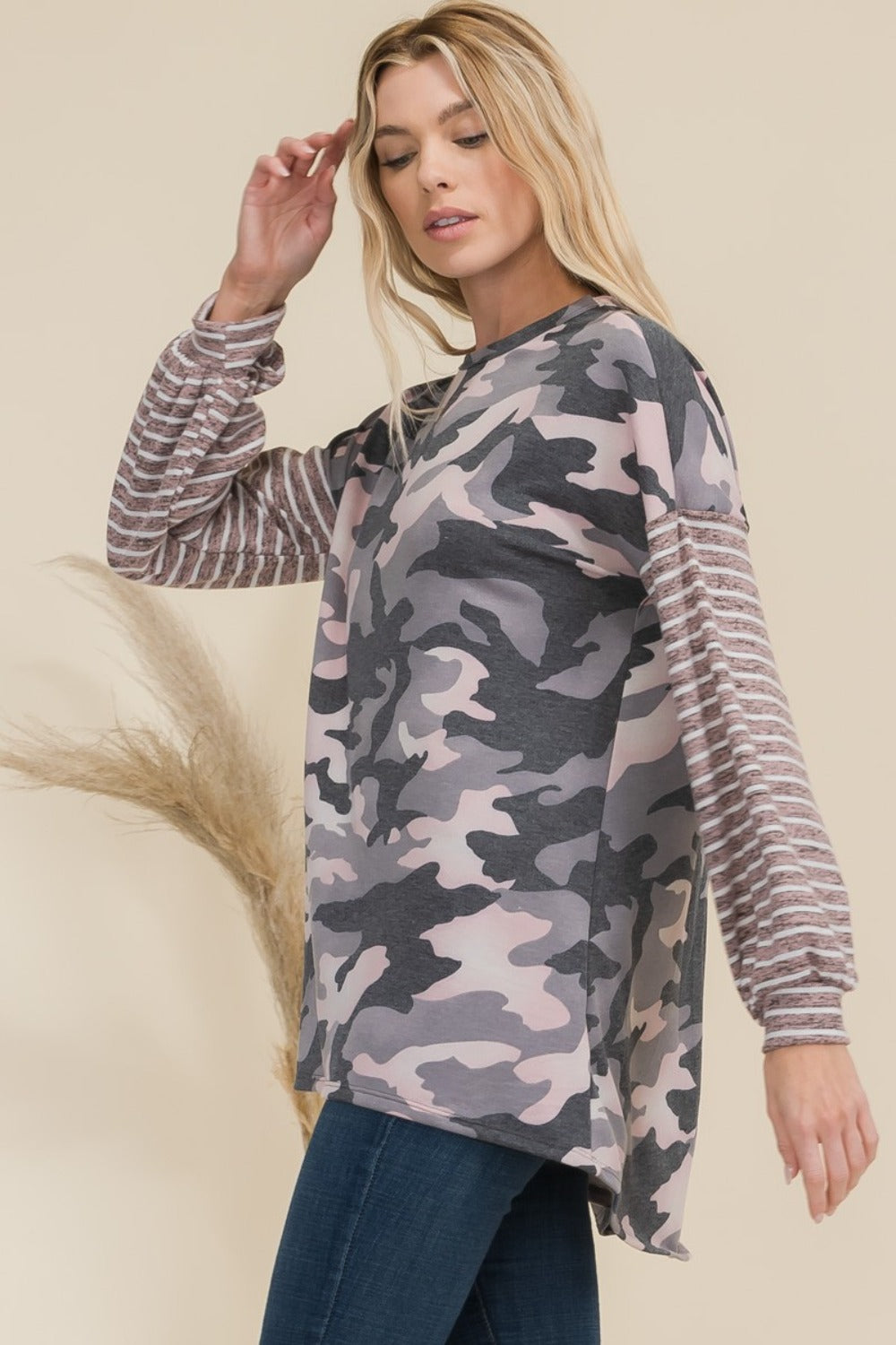 Celeste Full Size Camo Print High-Low T-Shirt with Stripe Sleeves-TOPS / DRESSES-[Adult]-[Female]-2022 Online Blue Zone Planet