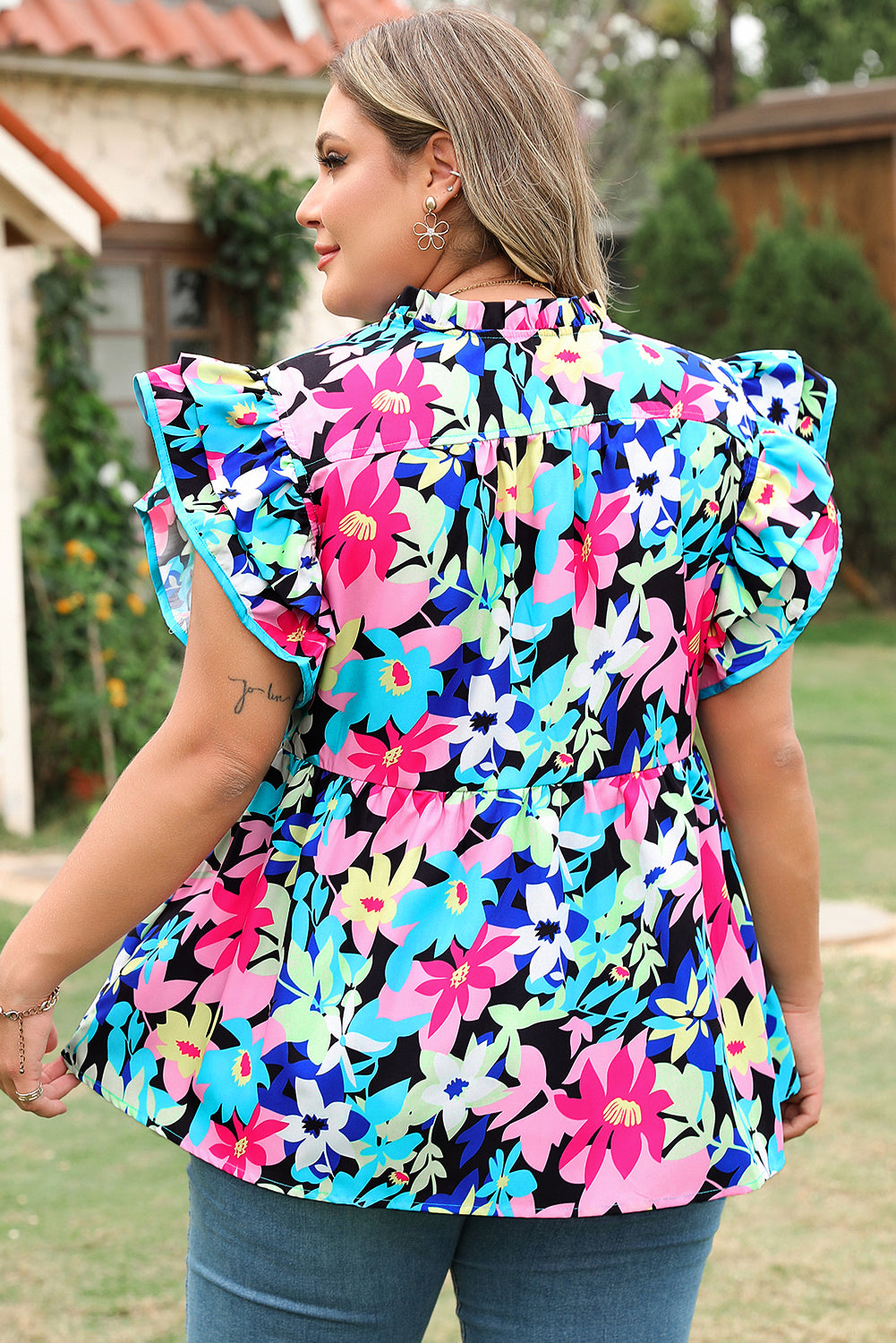 Blue Floral Flutter Sleeve Tied Notched Neck Plus Size Blouse-Plus Size/Plus Size Tops/Plus Size Blouses & Shirts-[Adult]-[Female]-2022 Online Blue Zone Planet