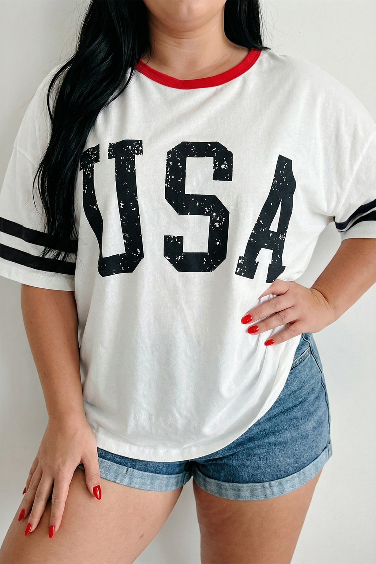 White Retro Usa Striped Trim Short Sleeve Plus Size Tee-Plus Size/Plus Size Tops/Plus Size Tops & Tees-[Adult]-[Female]-White-1X-2022 Online Blue Zone Planet