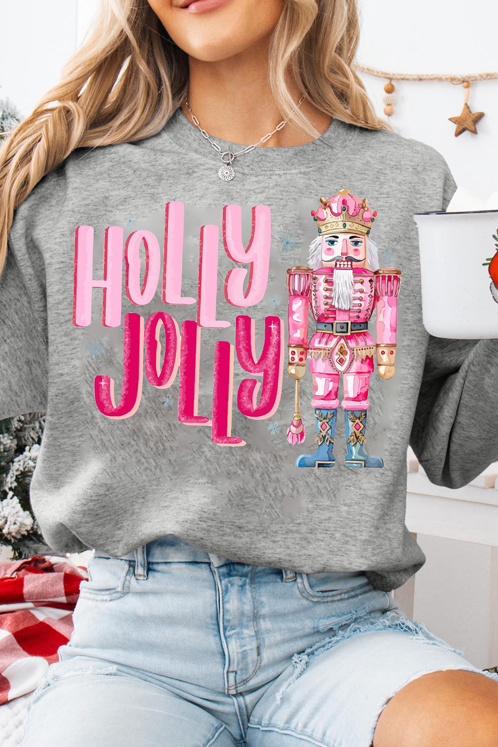 Blue Zone Planet | Gray HOLLY JOLLY Nutcracker Print Crew Neck Christmas Sweatshirt-Graphic/Graphic Sweatshirts-[Adult]-[Female]-2022 Online Blue Zone Planet