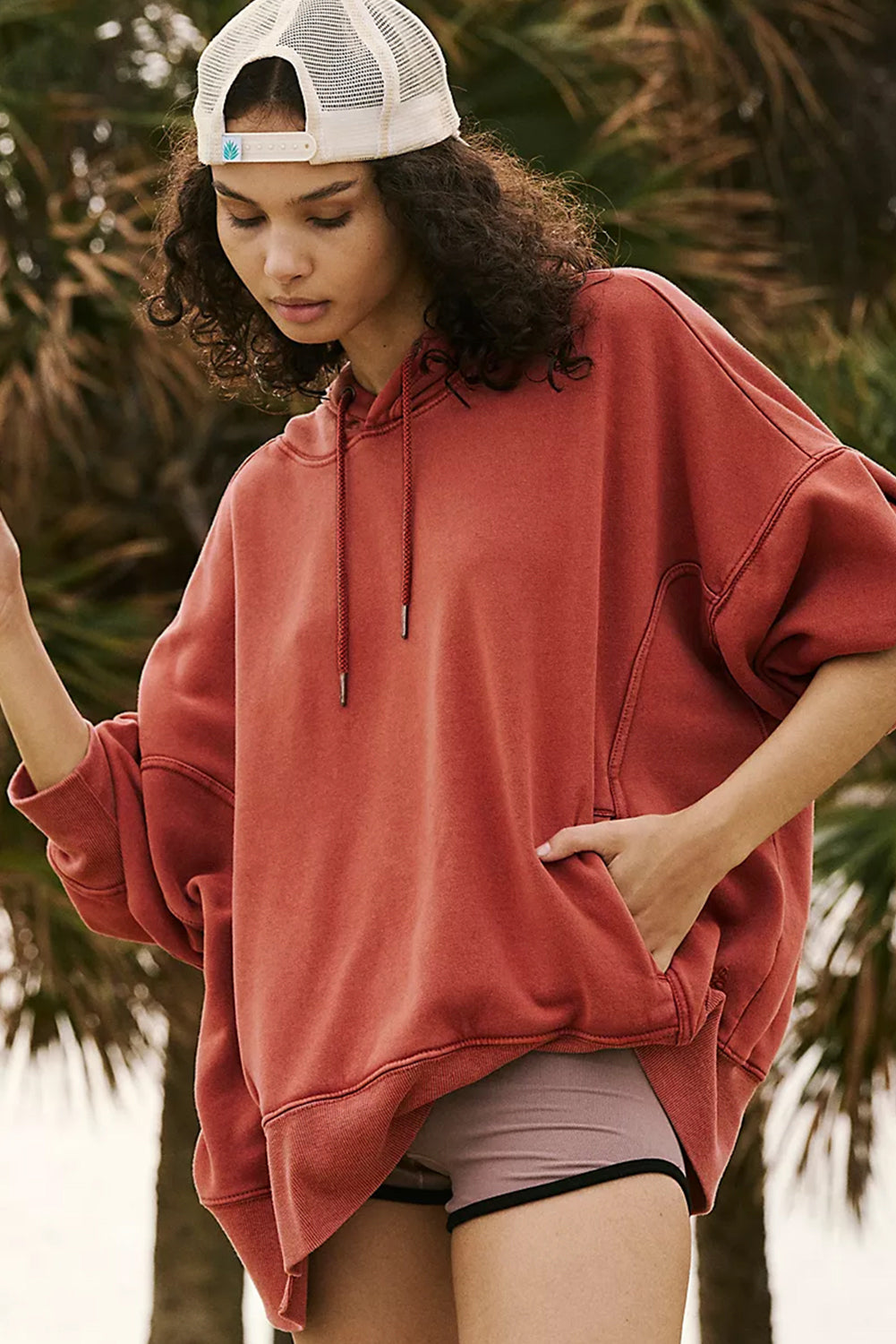 Red Clay Drop Shoulder Pocketed Baggy Drawstring Hoodie-Tops/Sweatshirts & Hoodies-[Adult]-[Female]-2022 Online Blue Zone Planet