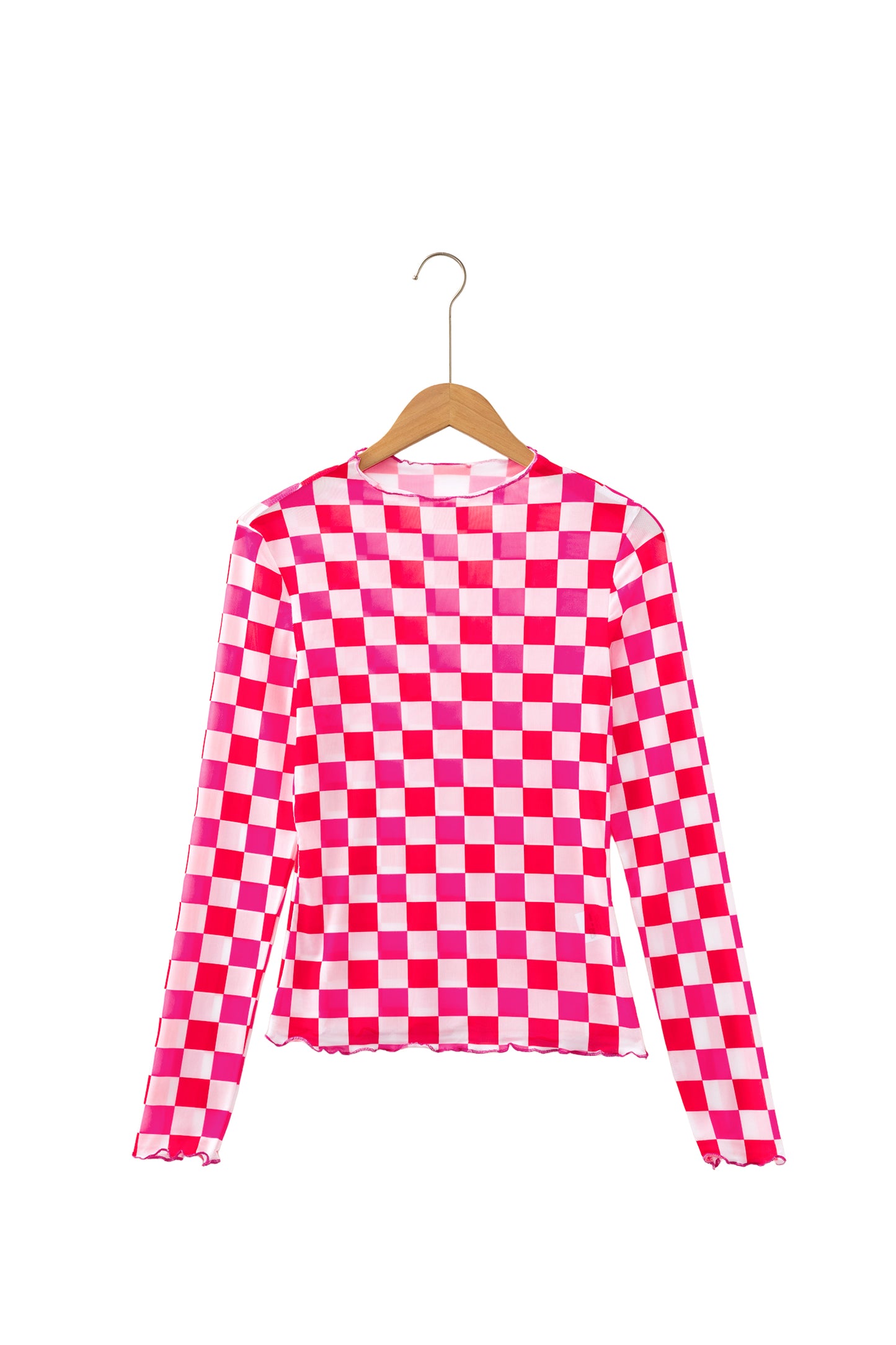 Rose Plaid Heart Mesh Sheer Long Sleeve High Neck Blouse-Tops/Long Sleeve Tops-[Adult]-[Female]-2022 Online Blue Zone Planet
