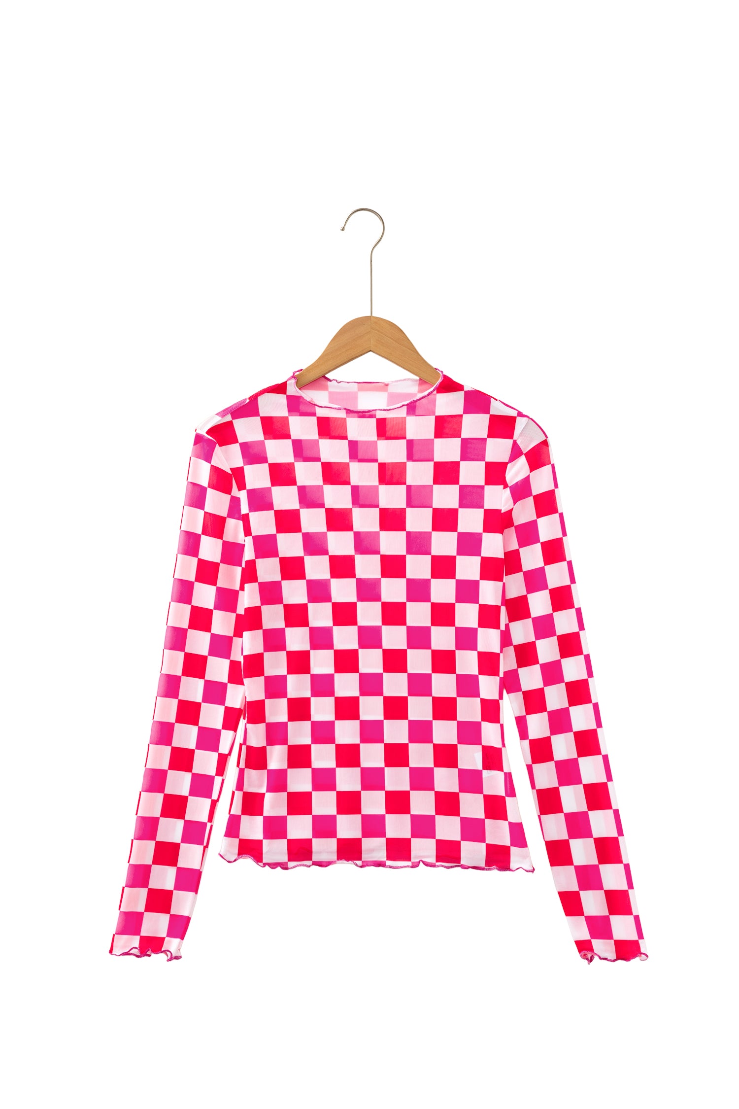 Rose Plaid Heart Mesh Sheer Long Sleeve High Neck Blouse-Tops/Long Sleeve Tops-[Adult]-[Female]-2022 Online Blue Zone Planet
