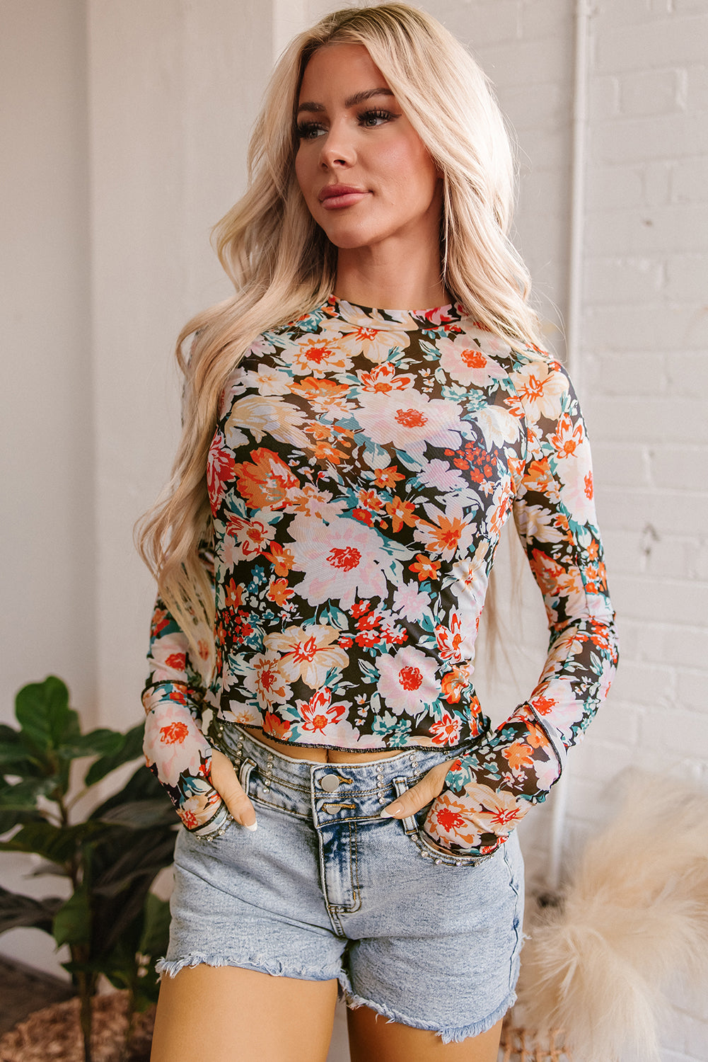 Orange Floral Mesh Slim Long Sleeve Crop Top-Tops/Crop Tops-[Adult]-[Female]-2022 Online Blue Zone Planet
