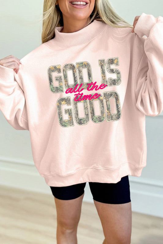 Apricot Pink Camo Print Letter Graphic Mock Neck Sweatshirt-Graphic/Graphic Sweatshirts-[Adult]-[Female]-Apricot Pink-S-2022 Online Blue Zone Planet