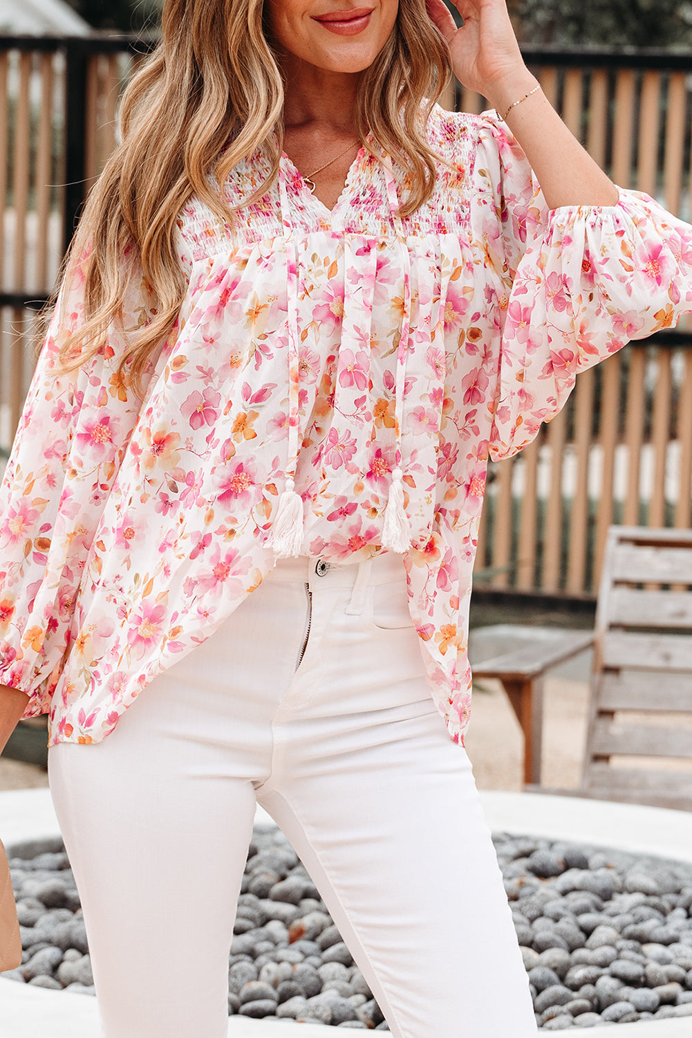 Pink Floral Print Tassel Tie Smocked V Neck Puff Sleeve Tunic Blouse-Tops/Blouses & Shirts-[Adult]-[Female]-2022 Online Blue Zone Planet