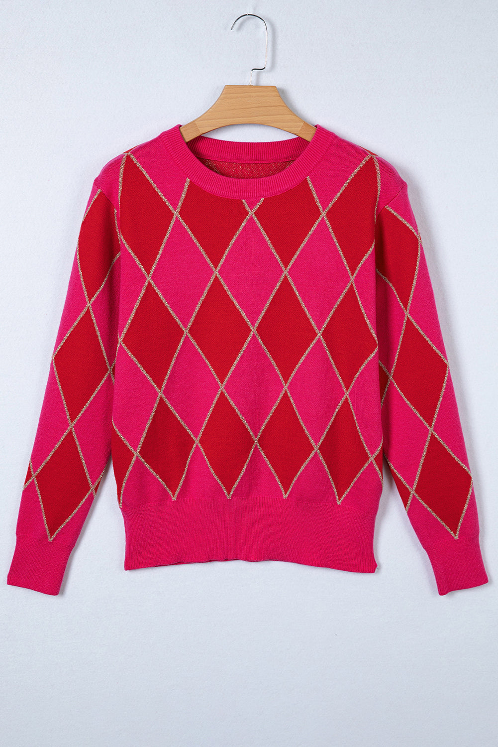 Rose Red Glitter Rhombus Pattern Knit Womens Casual Sweater-TOPS / DRESSES-[Adult]-[Female]-2022 Online Blue Zone Planet