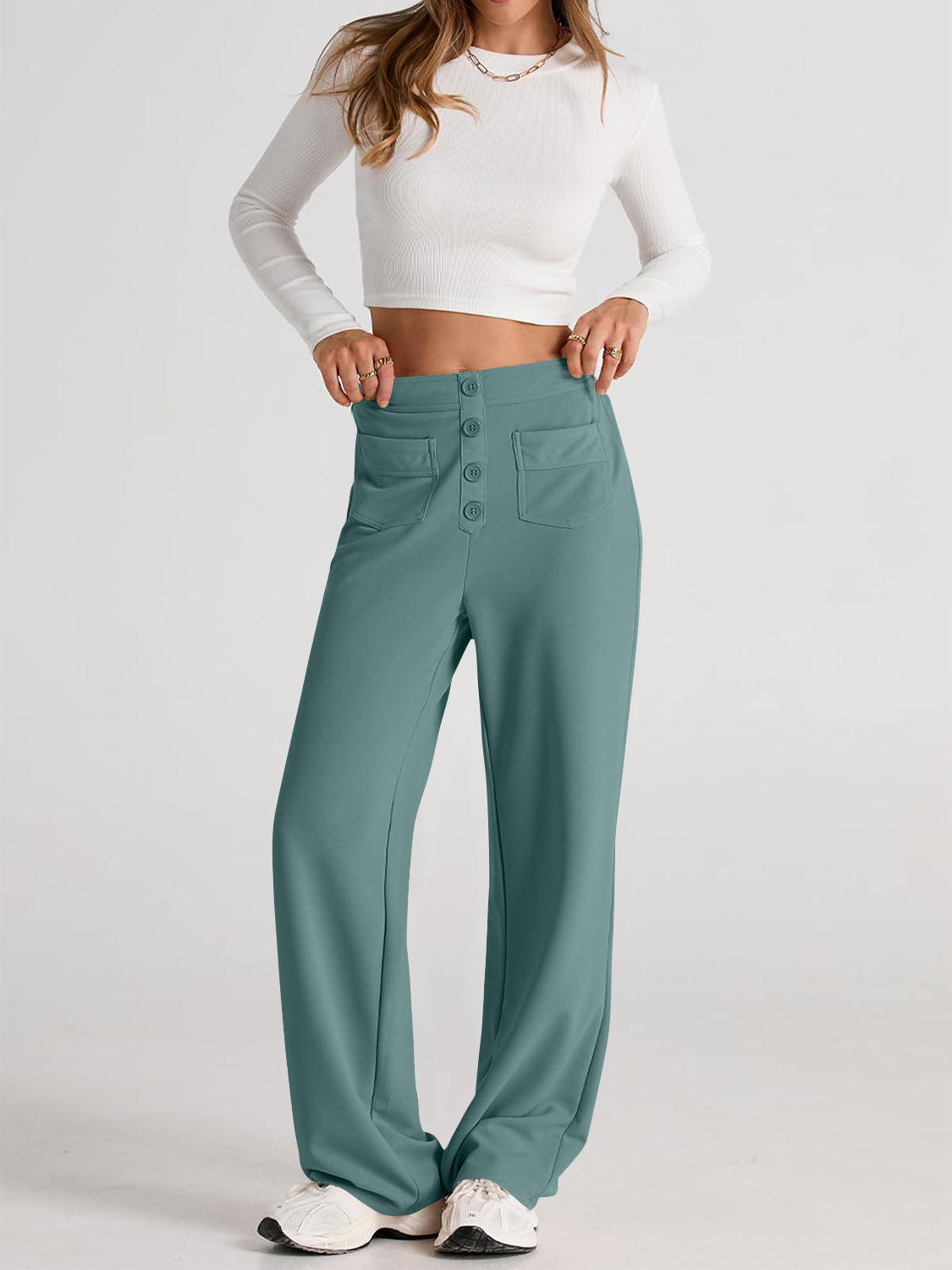 Blue Zone Planet | High Waist Wide Leg Pants-BOTTOMS SIZES SMALL MEDIUM LARGE-[Adult]-[Female]-2022 Online Blue Zone Planet