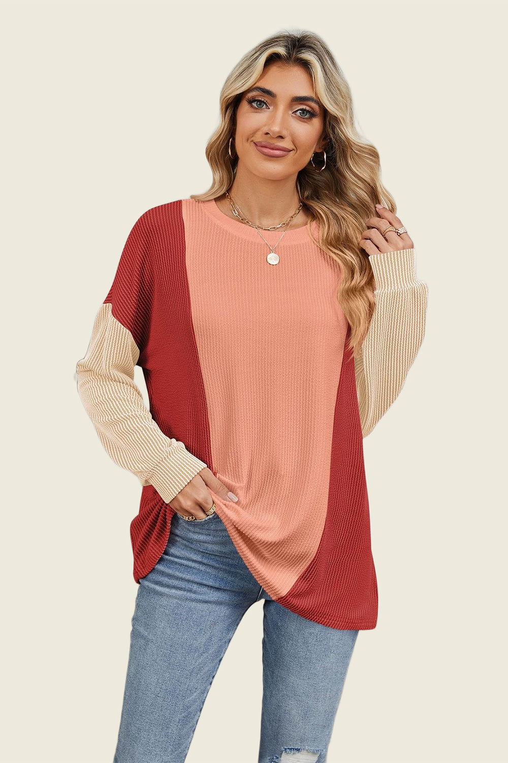 Double Take Texture Contrast Round Neck Long Sleeve T-Shirt-TOPS / DRESSES-[Adult]-[Female]-Rust-S-2022 Online Blue Zone Planet