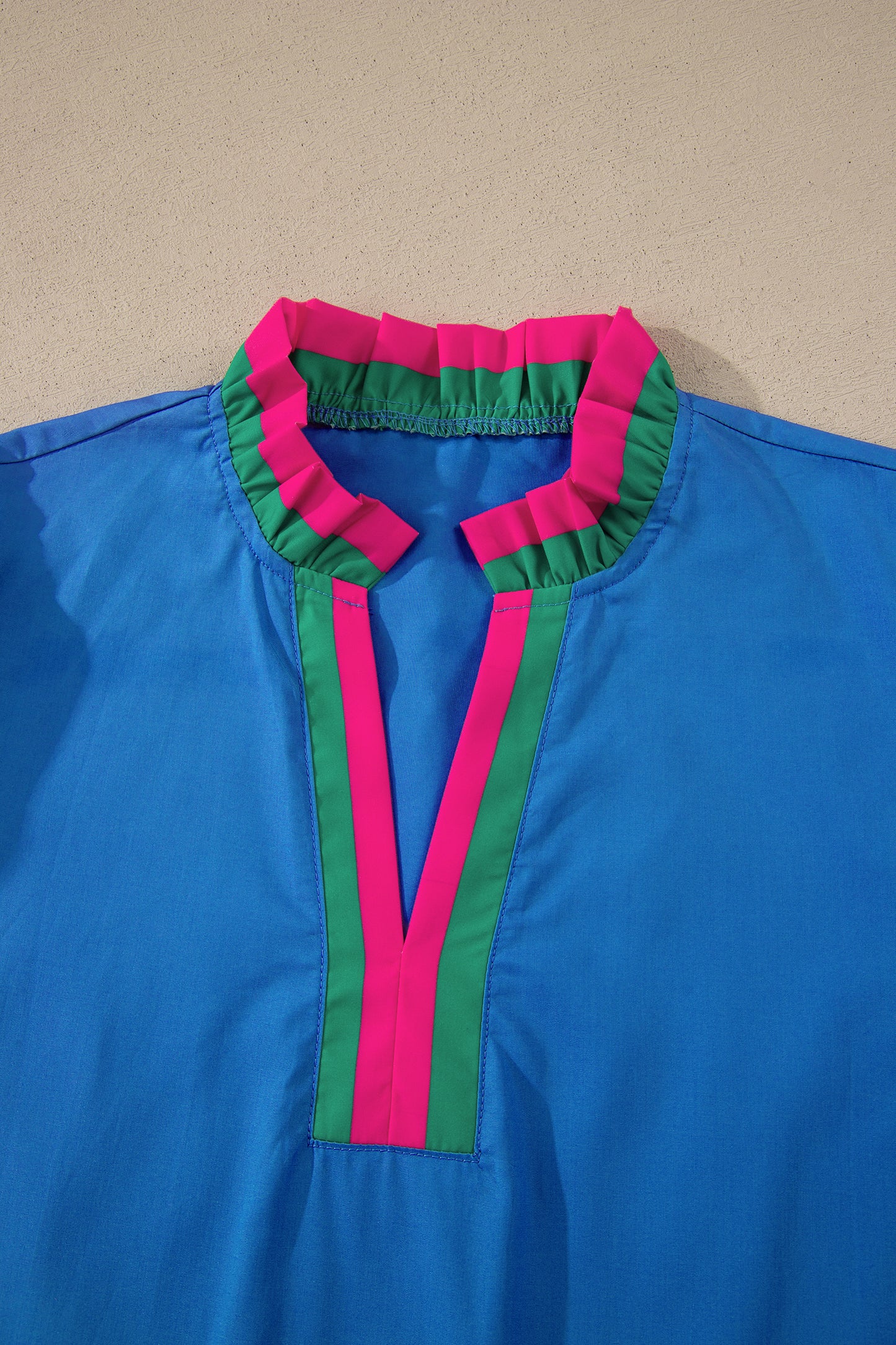 Sky Blue Striped Frilled Collar Ruffled Short Sleeve Blouse-Tops/Blouses & Shirts-[Adult]-[Female]-2022 Online Blue Zone Planet