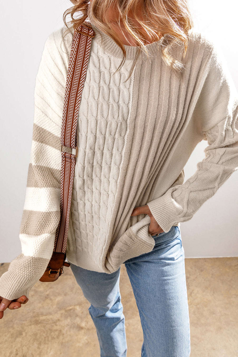 Khaki Cable Knit Colorblock Crew Neck Drop Shoulder Sweater-Sweaters & Cardigans/Sweaters-[Adult]-[Female]-2022 Online Blue Zone Planet