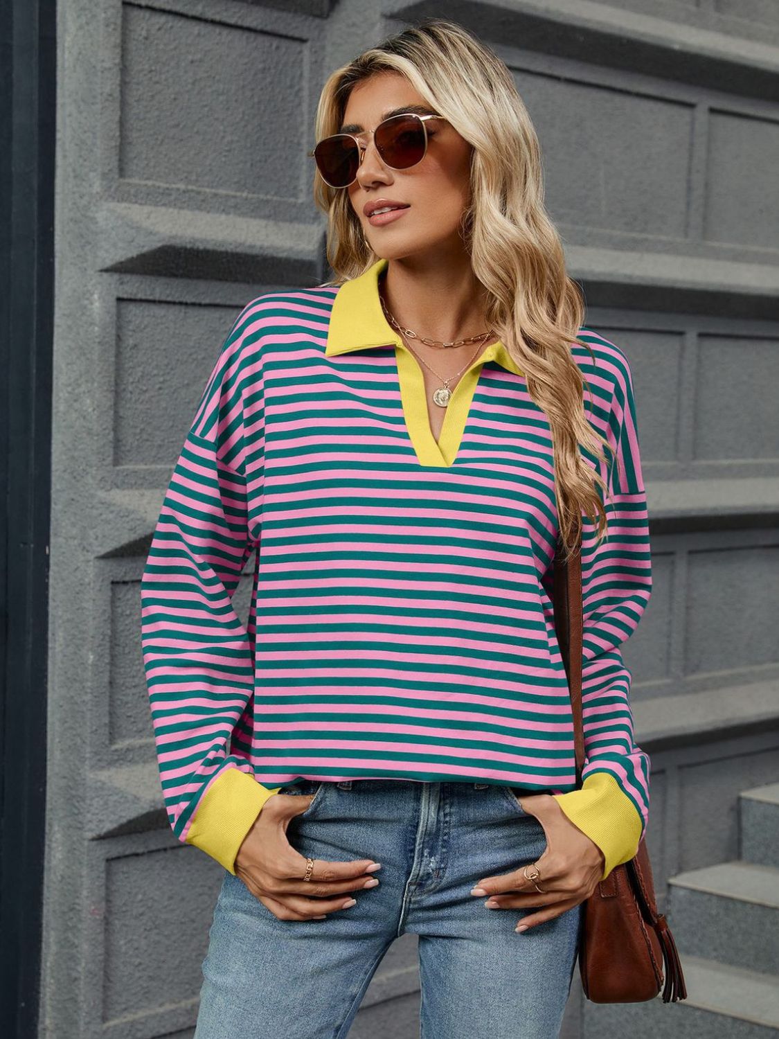 Striped Johnny Collar Long Sleeve Sweatshirt-TOPS / DRESSES-[Adult]-[Female]-2022 Online Blue Zone Planet