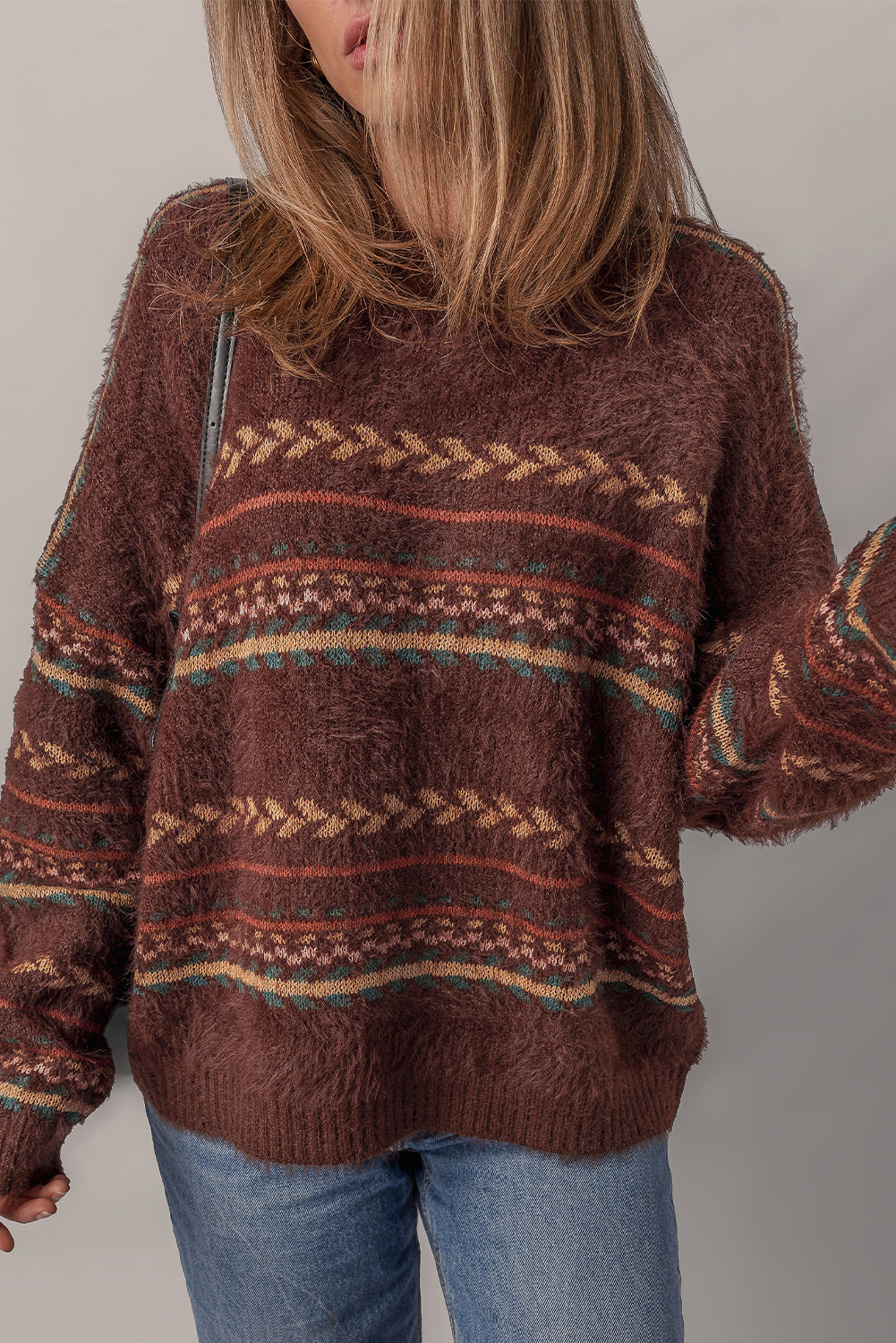 Brown Ethnic Pattern Mohair Knitted Drop Shoulder Sweater-TOPS / DRESSES-[Adult]-[Female]-2022 Online Blue Zone Planet