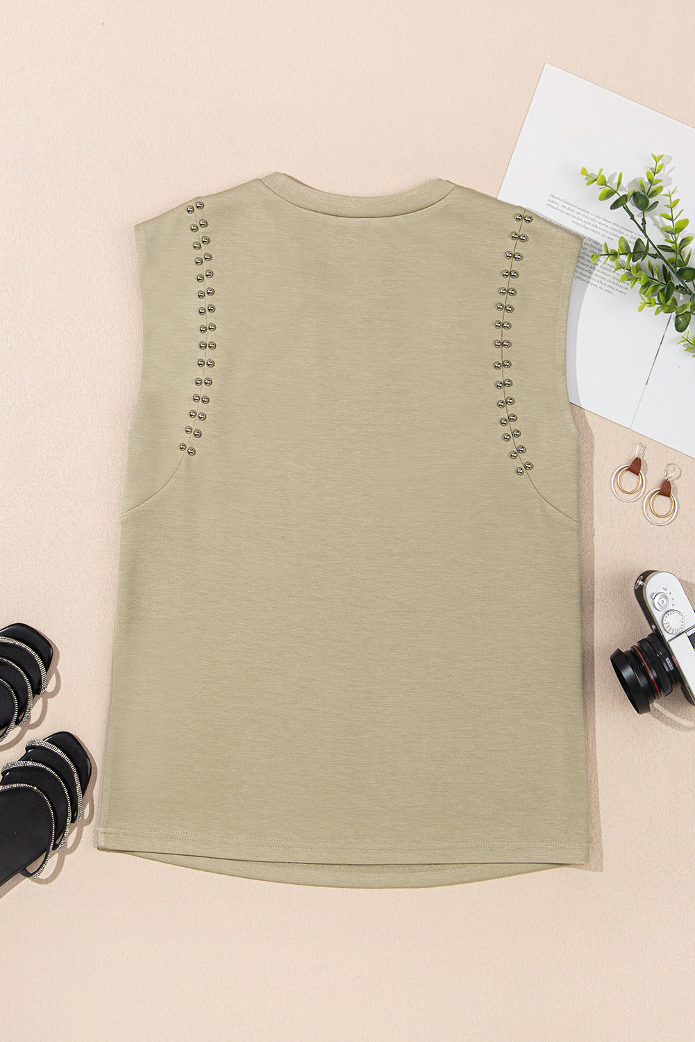 Sage Green Studded Cap Sleeve Round Neck T Shirt-Tops/Tops & Tees-[Adult]-[Female]-2022 Online Blue Zone Planet