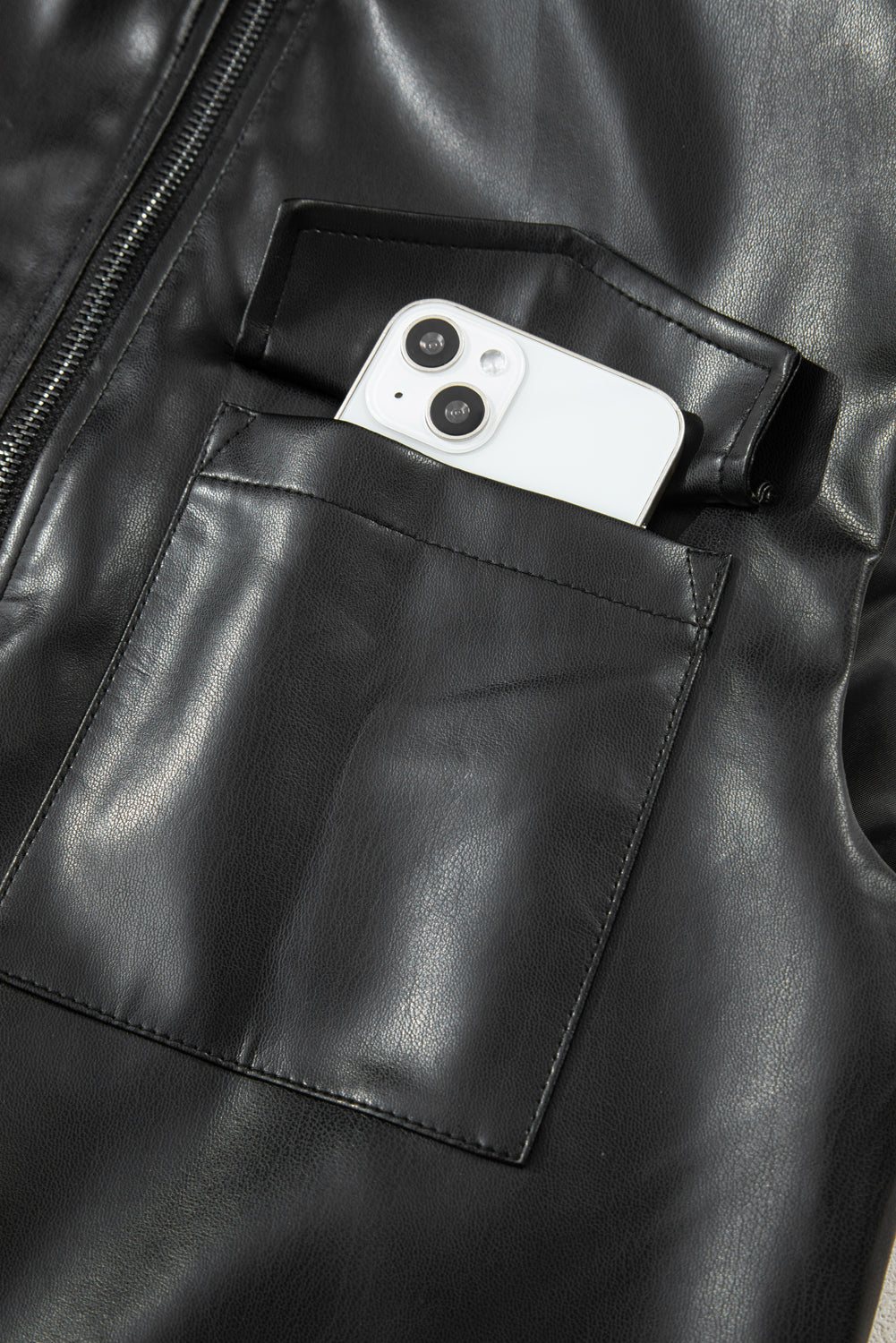 Black Double Flap Pocket Faux Leather Zip Up Stand Neck Vest-Outerwear/Vests-[Adult]-[Female]-2022 Online Blue Zone Planet