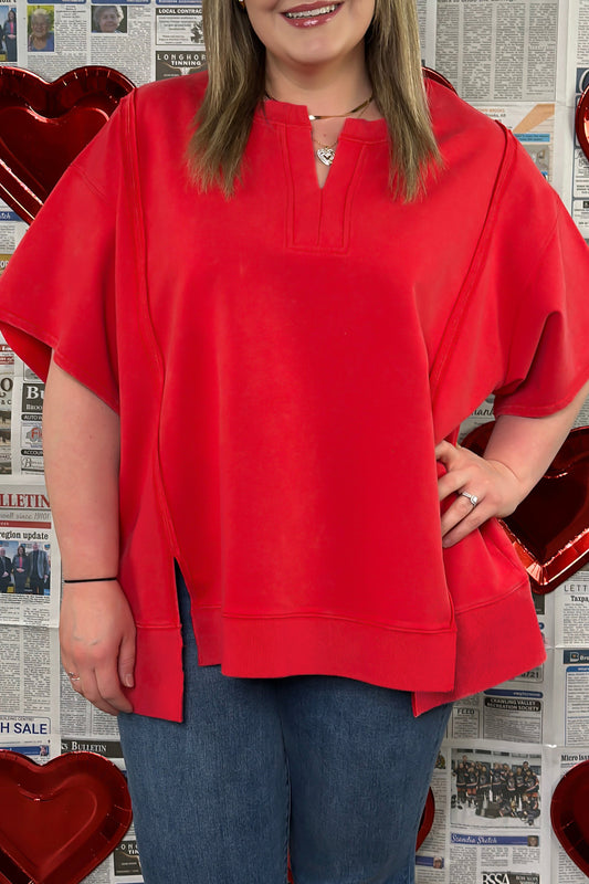 Fiery Red Plus Size Solid Color Notched Neck Seam Detail Patchwork Short Sleeve Top-Plus Size/Plus Size Tops/Plus Size Tops & Tees-[Adult]-[Female]-Fiery Red-1X-2022 Online Blue Zone Planet