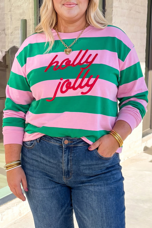 Green Stripe Festive Holly Jolly Printed Casual Plus Size Sweatshirt-Plus Size/Plus Size Sweatshirts & Hoodies-[Adult]-[Female]-Green Stripe-1X-2022 Online Blue Zone Planet