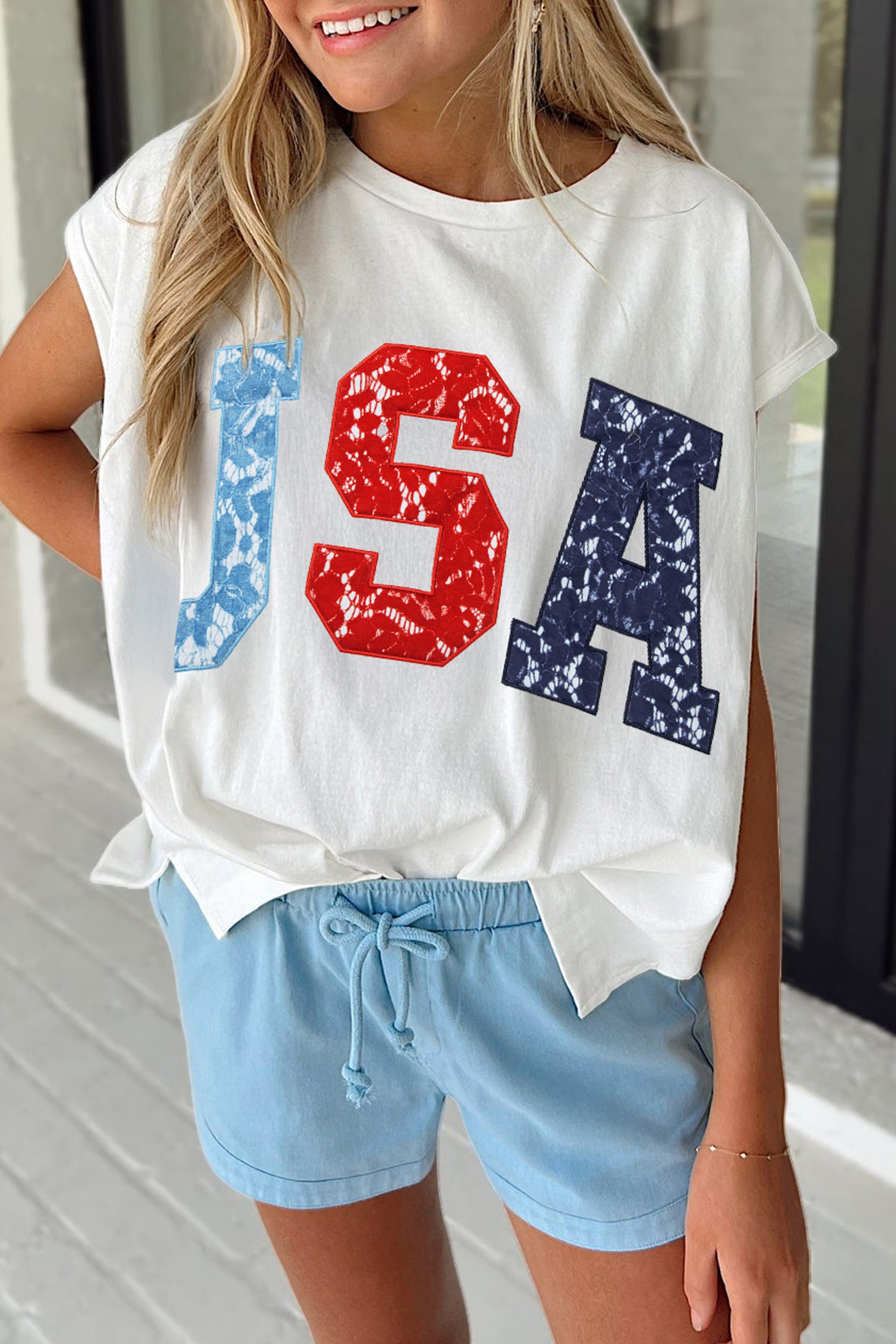 White USA Color Block Letter Printed Dolman Tee-Tops/Tops & Tees-[Adult]-[Female]-White-S-2022 Online Blue Zone Planet