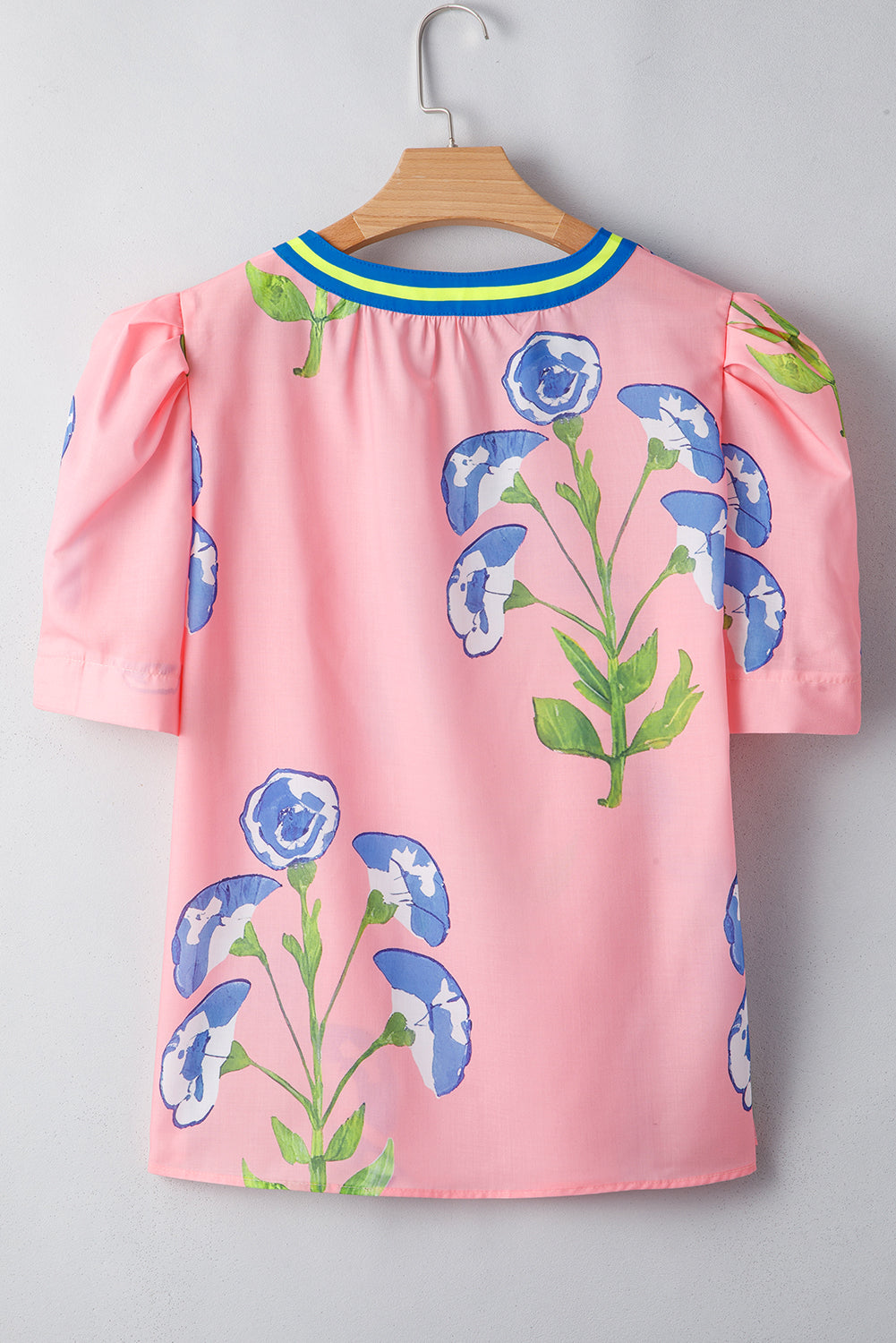 Pink Floral Print Striped Notched V Neck Bubble Sleeve Blouse-Tops/Blouses & Shirts-[Adult]-[Female]-2022 Online Blue Zone Planet