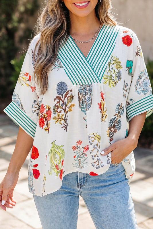 Beige Floral Print Striped Contrast Trim V Neck Half Sleeve Blouse-Tops/Blouses & Shirts-[Adult]-[Female]-Beige-S-2022 Online Blue Zone Planet