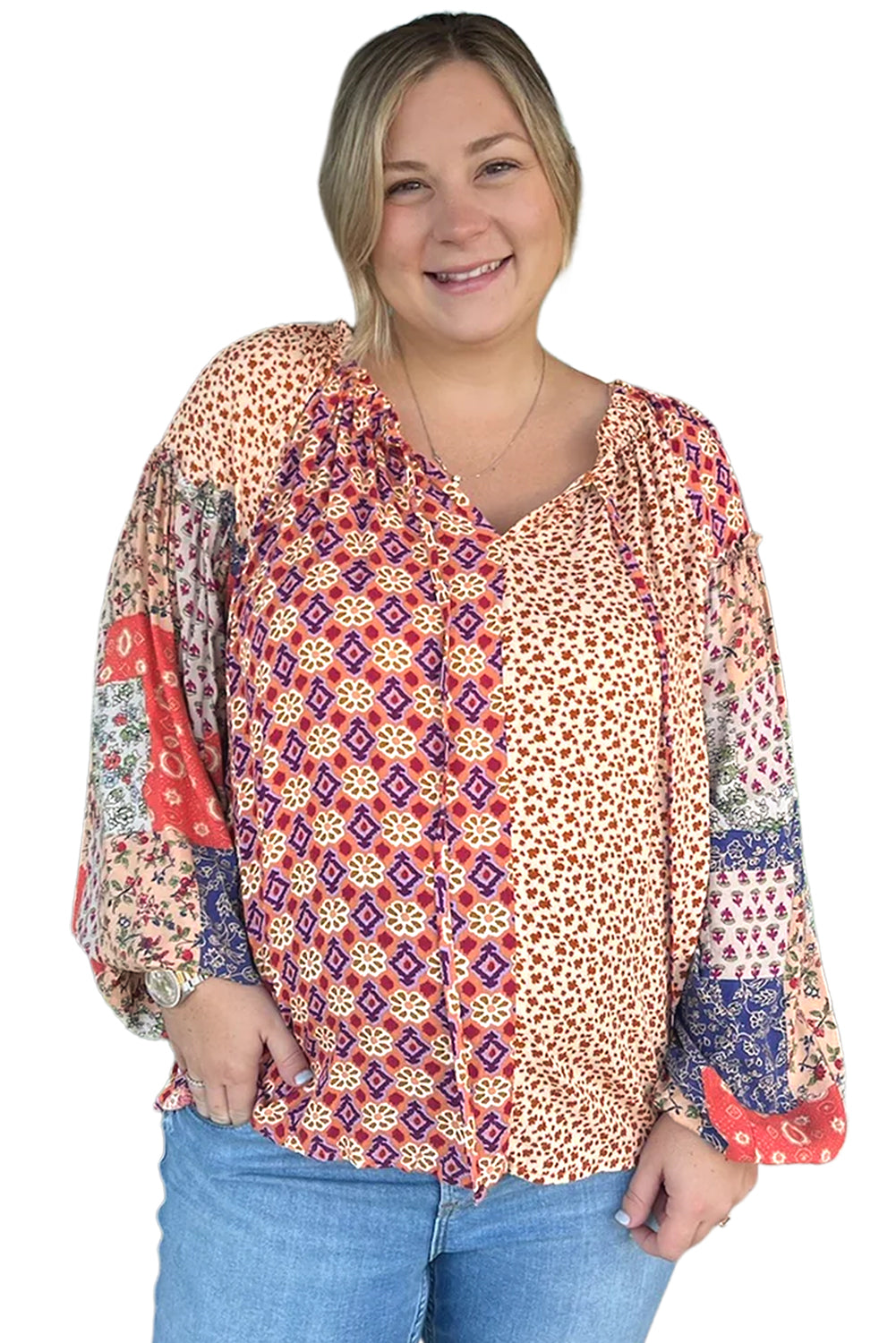 Blue Zone Planet | Orange Floral Geometric Patchwork Lace-up Plus Size Blouse-Plus Size Tops-[Adult]-[Female]-2022 Online Blue Zone Planet