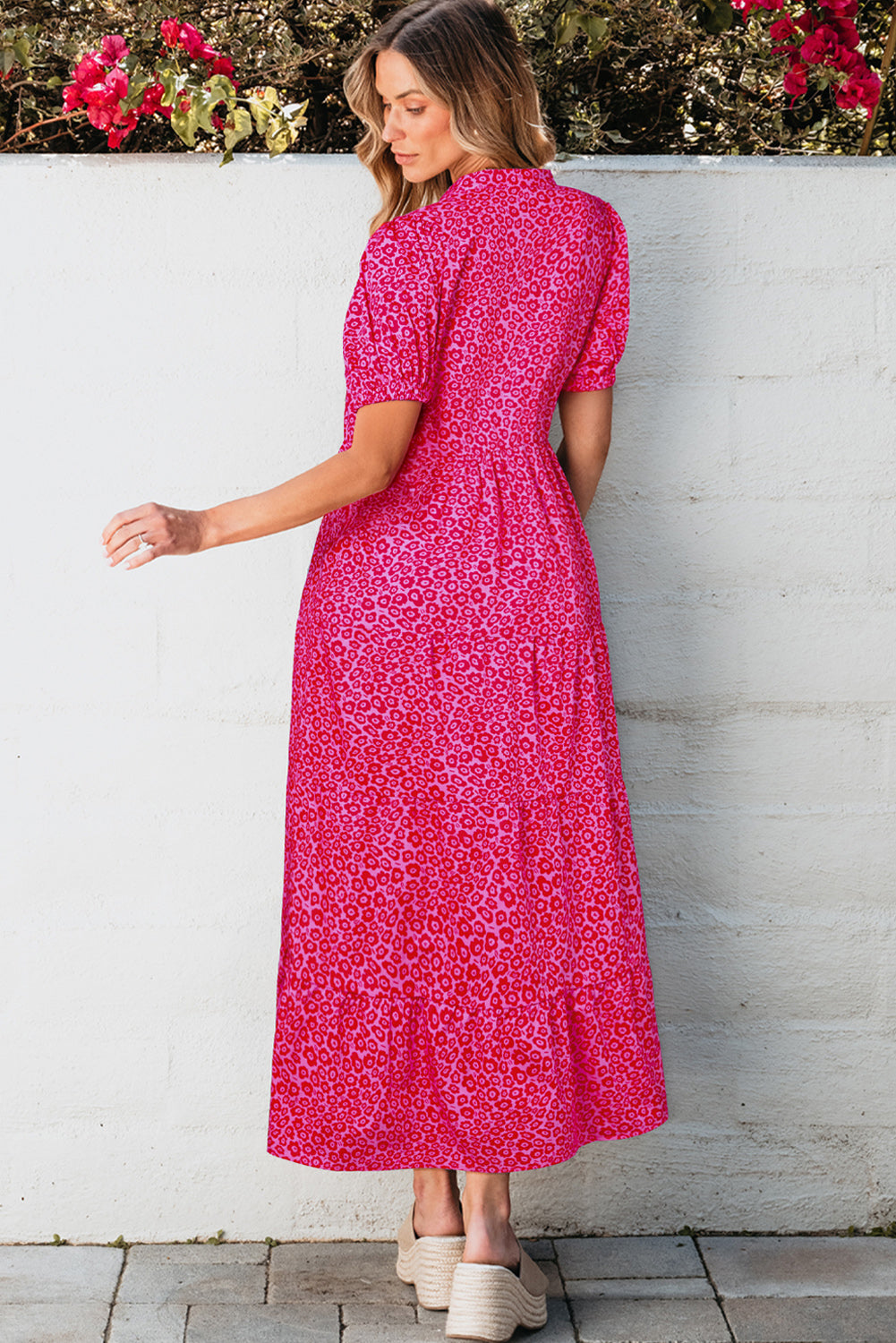 Rose Red Flower Mock Neck Puff Sleeve Tiered Maxi Dress-Dresses/Maxi Dresses-[Adult]-[Female]-2022 Online Blue Zone Planet