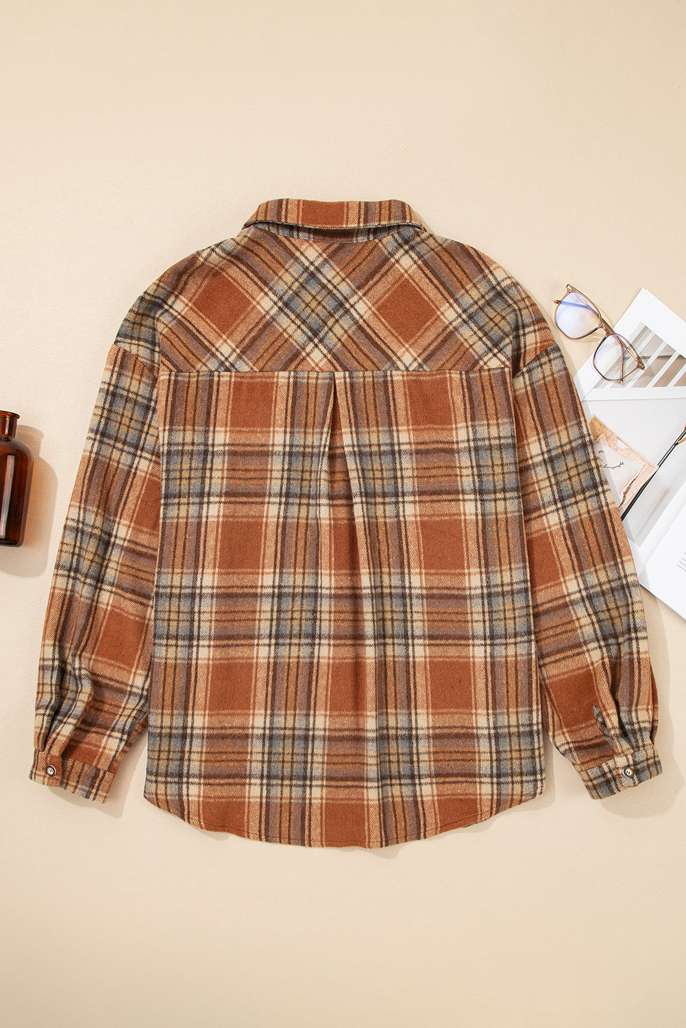 Brown Plaid Print Flap Pocket Buttoned Plus Size Shacket-Plus Size/Plus Size Outerwear-[Adult]-[Female]-2022 Online Blue Zone Planet