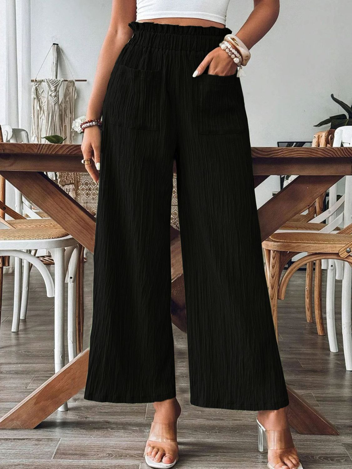 Blue Zone Planet | Pocketed Elastic Waist Wide Leg Pants-BOTTOMS SIZES SMALL MEDIUM LARGE-[Adult]-[Female]-Black-S-2022 Online Blue Zone Planet