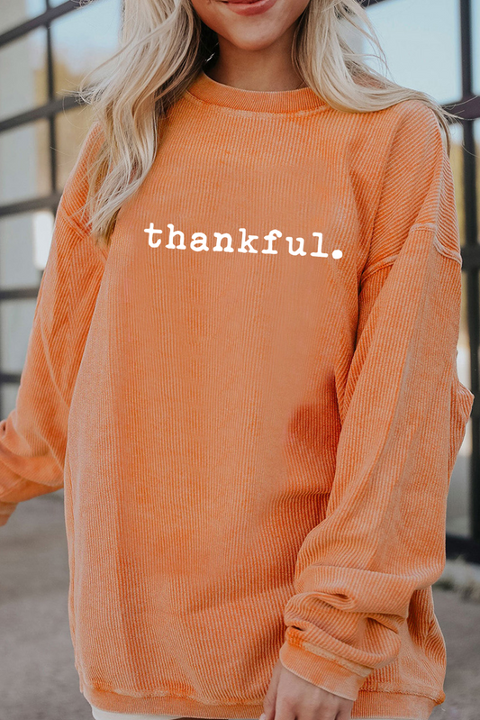 Orange Thankful Ribbed Crew Neck Thanksgiving Sweatshirt-Graphic/Graphic Sweatshirts-[Adult]-[Female]-Orange-3-S-2022 Online Blue Zone Planet