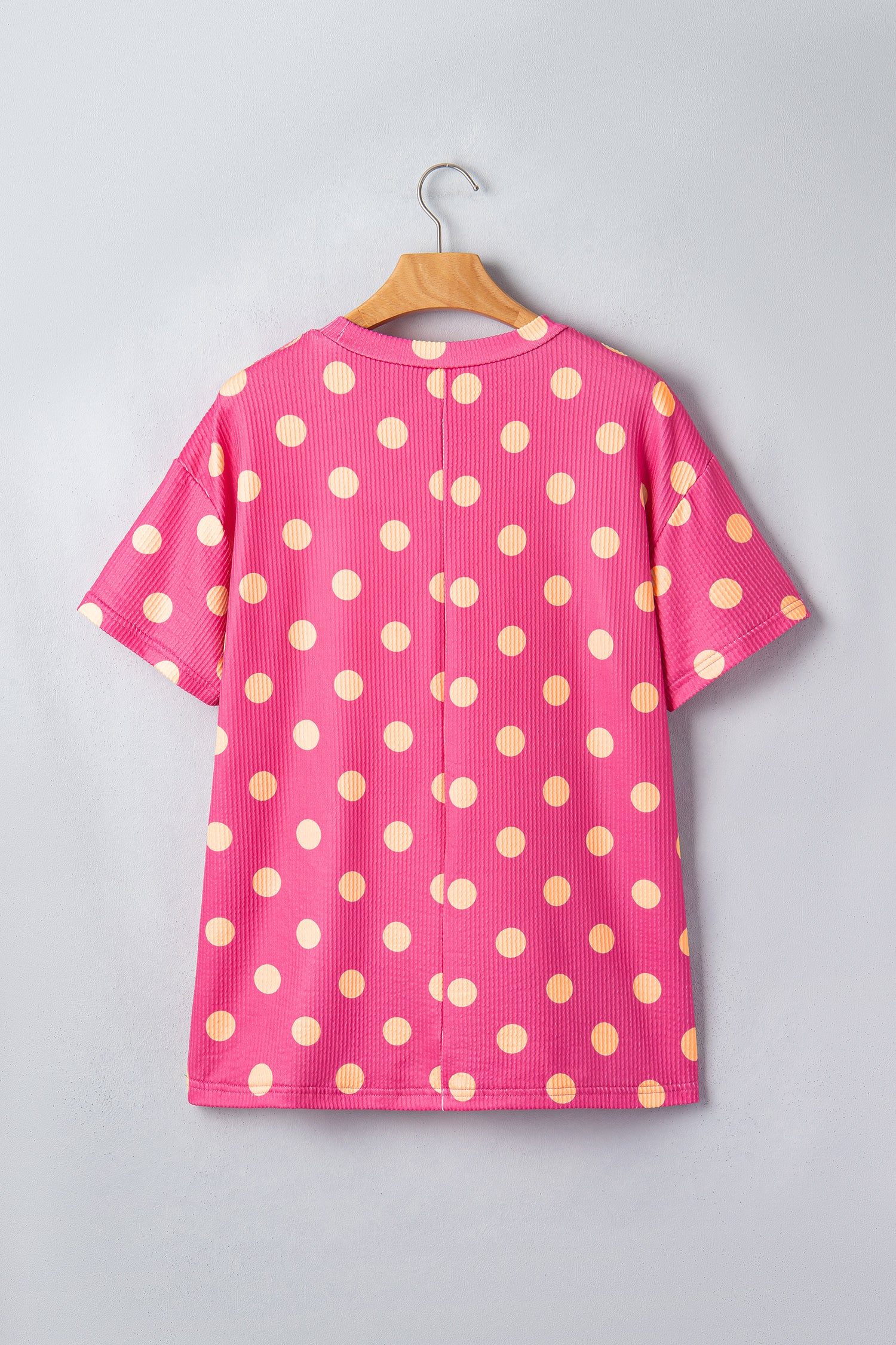 Pink Polka Dot Round Neck Drop Shoulder Patch Pocket Jacquard Texture Top-Tops/Tops & Tees-[Adult]-[Female]-2022 Online Blue Zone Planet