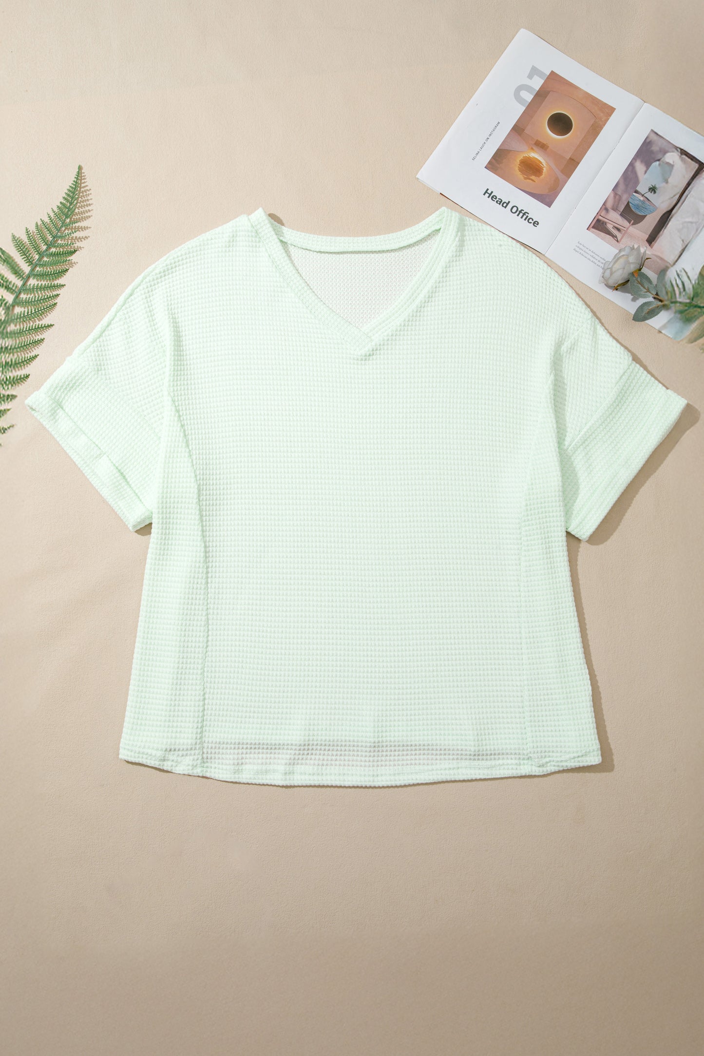 Wisteria V Neck Short Sleeve Plus Size Waffle Knit Top-Plus Size/Plus Size Tops/Plus Size Tops & Tees-[Adult]-[Female]-2022 Online Blue Zone Planet
