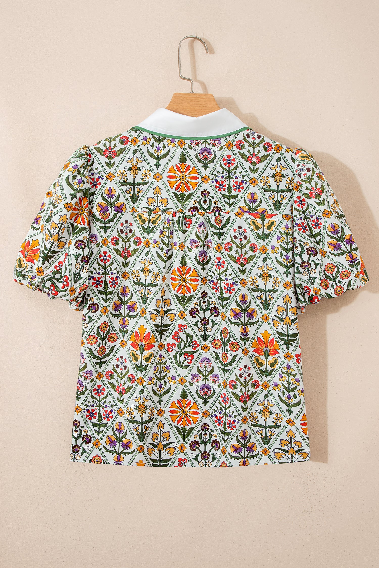 Green Short Bubble Sleeve Floral Shirt-Tops/Blouses & Shirts-[Adult]-[Female]-2022 Online Blue Zone Planet