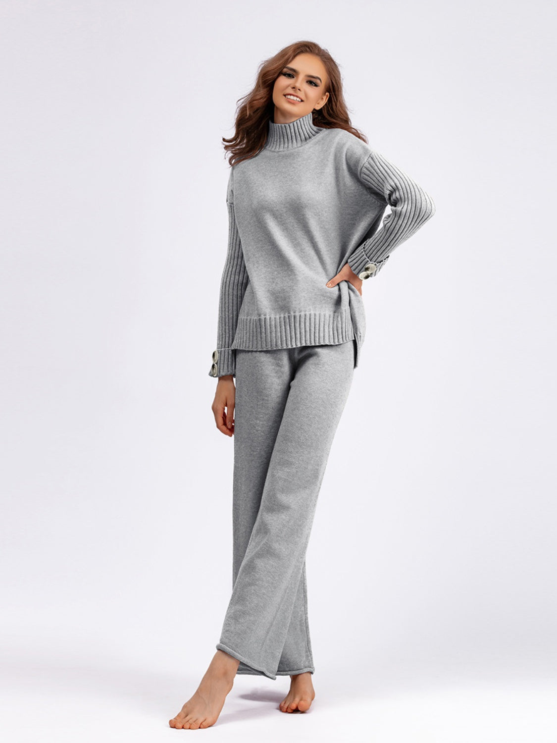 Blue Zone Planet | Basic Bae High- Low Turtleneck Long Sleeve Top and Pants Sweater Set-TOPS / DRESSES-[Adult]-[Female]-2022 Online Blue Zone Planet