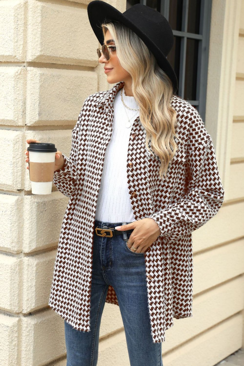 Houndstooth Button Up Dropped Shoulder Coat-TOPS / DRESSES-[Adult]-[Female]-2022 Online Blue Zone Planet