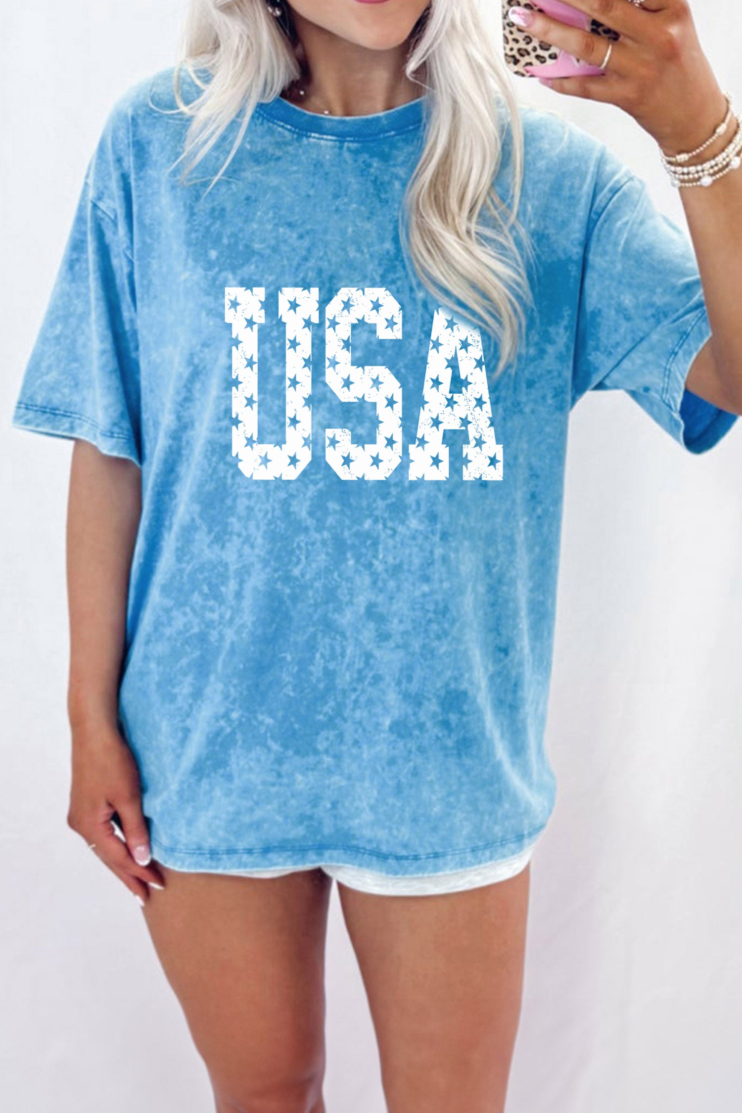 Blue USA Star Print Mineral Washed Cotton Tee-Graphic/Graphic Tees-[Adult]-[Female]-2022 Online Blue Zone Planet