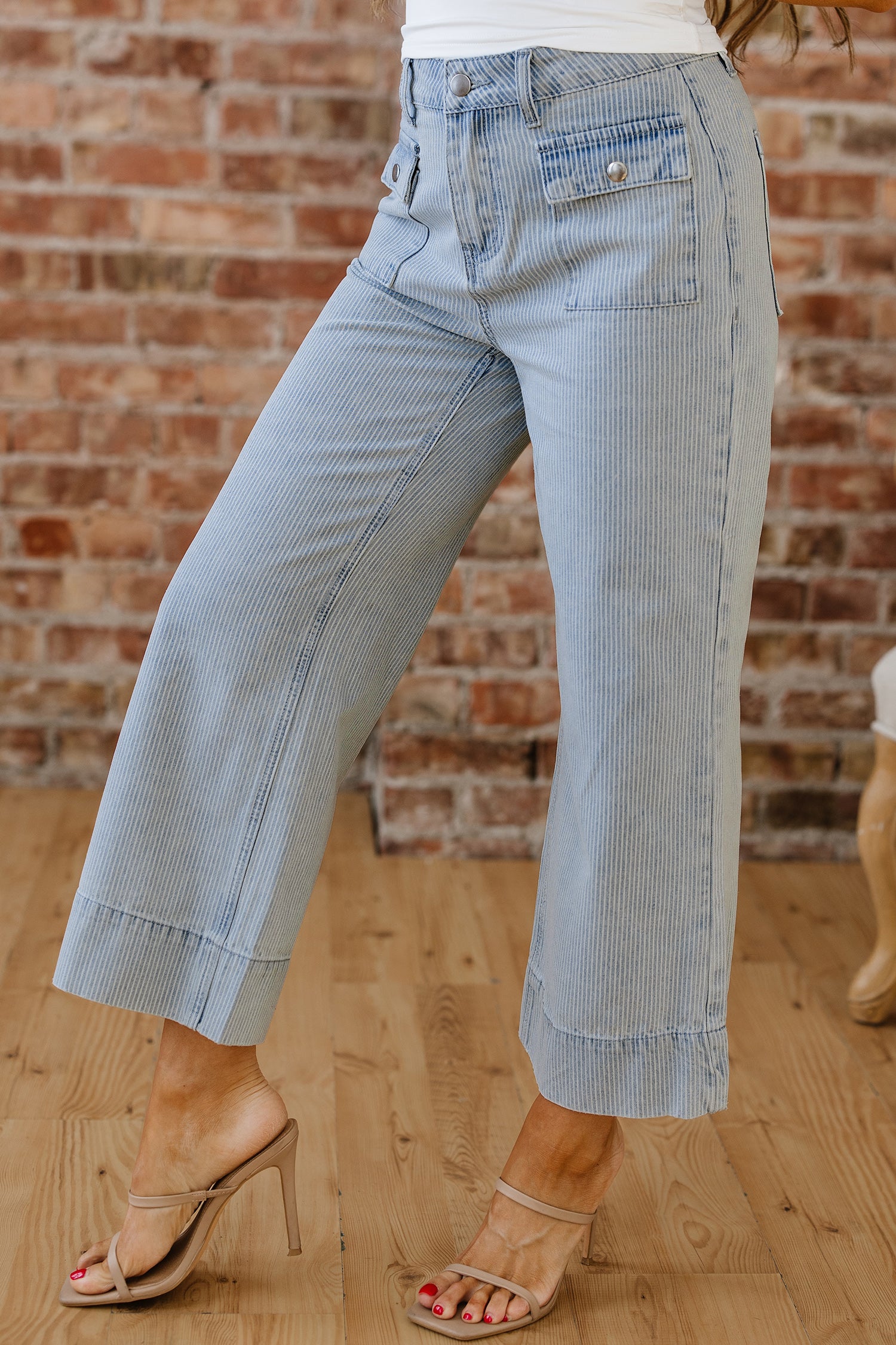 Sky Blue Stripe Button Flap Pocket Cuffed Hem Wide Leg Jeans-Bottoms/Jeans-[Adult]-[Female]-2022 Online Blue Zone Planet