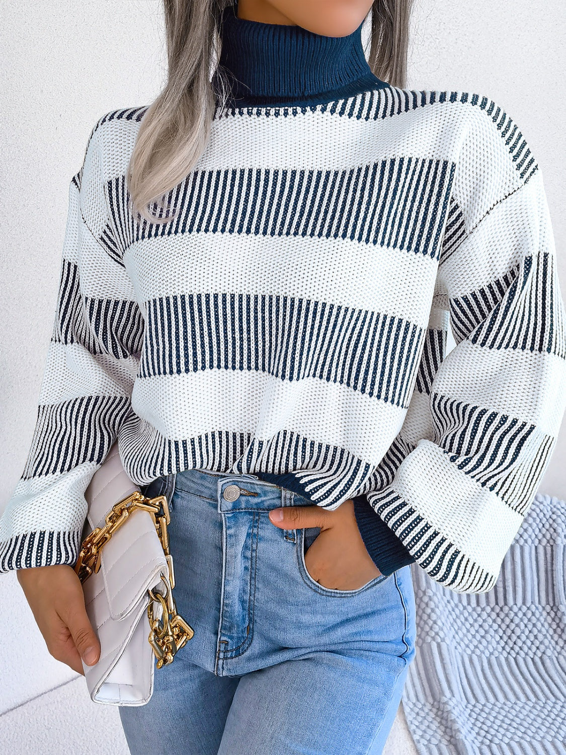 Striped Turtleneck Long Sleeve Sweater-TOPS / DRESSES-[Adult]-[Female]-2022 Online Blue Zone Planet