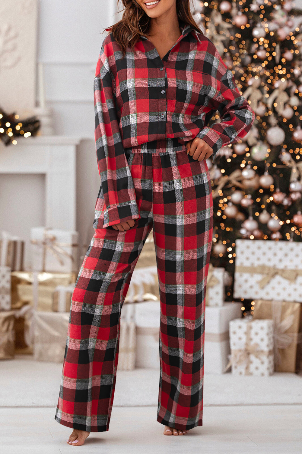 Red Christmas Checkered Pattern Loose Shirt and Pants Lounge Set-Loungewear & Sleepwear/Loungewear-[Adult]-[Female]-Red-S-2022 Online Blue Zone Planet