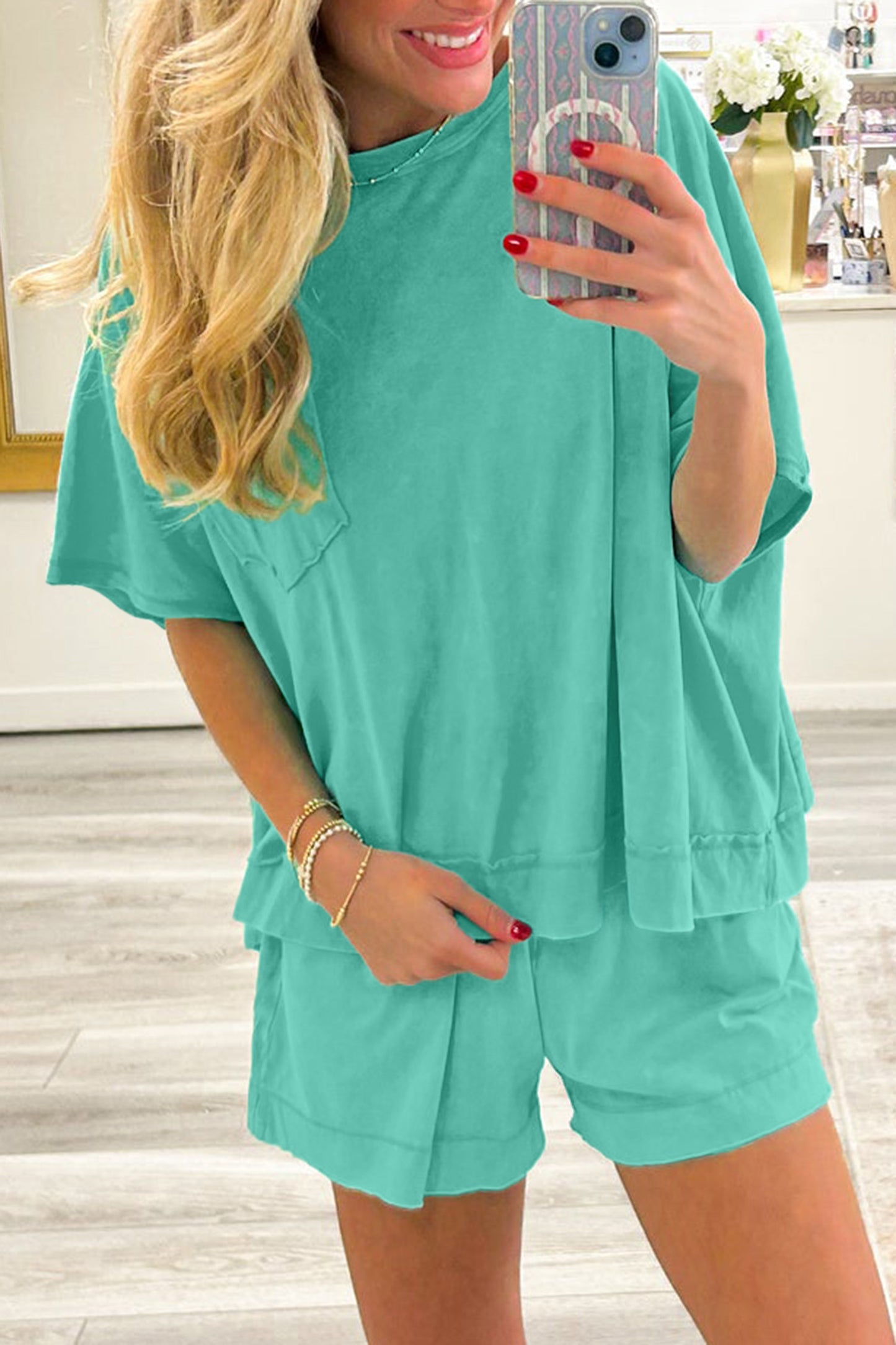 Strawberry Pink Raw Edge Patch Pocket Oversized Top and Shorts Set-Two Piece Sets/Short Sets-[Adult]-[Female]-Mint Green-S-2022 Online Blue Zone Planet