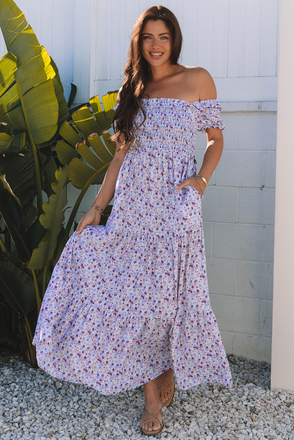 Purple Floral Short Bubble Sleeve Shirred High Waist Maxi Dress-TOPS / DRESSES-[Adult]-[Female]-Purple-S-2022 Online Blue Zone Planet