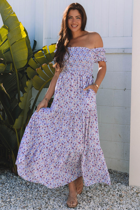 Purple Floral Short Bubble Sleeve Shirred High Waist Maxi Dress-TOPS / DRESSES-[Adult]-[Female]-Purple-S-2022 Online Blue Zone Planet