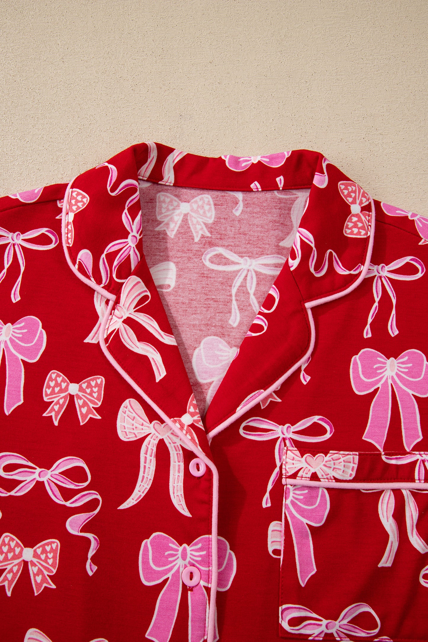 Red Sweet Bow Print Shirt Style Top Long 2pcs Pajama Set-Loungewear & Sleepwear/Sleepwear-[Adult]-[Female]-2022 Online Blue Zone Planet