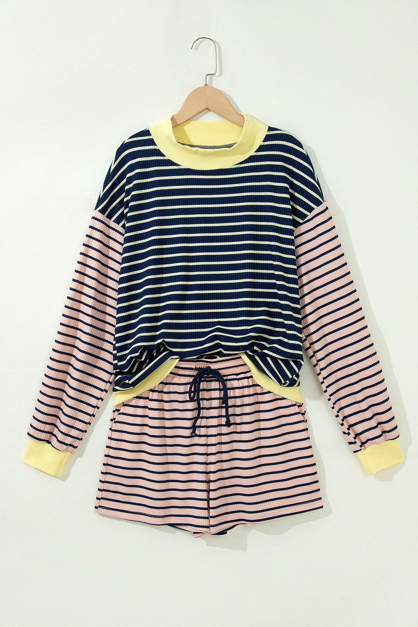 Blue Stripe Color Block Long Sleeve Pullover Ribbed Knit Casual Shorts Set-Two Piece Sets/Short Sets-[Adult]-[Female]-2022 Online Blue Zone Planet