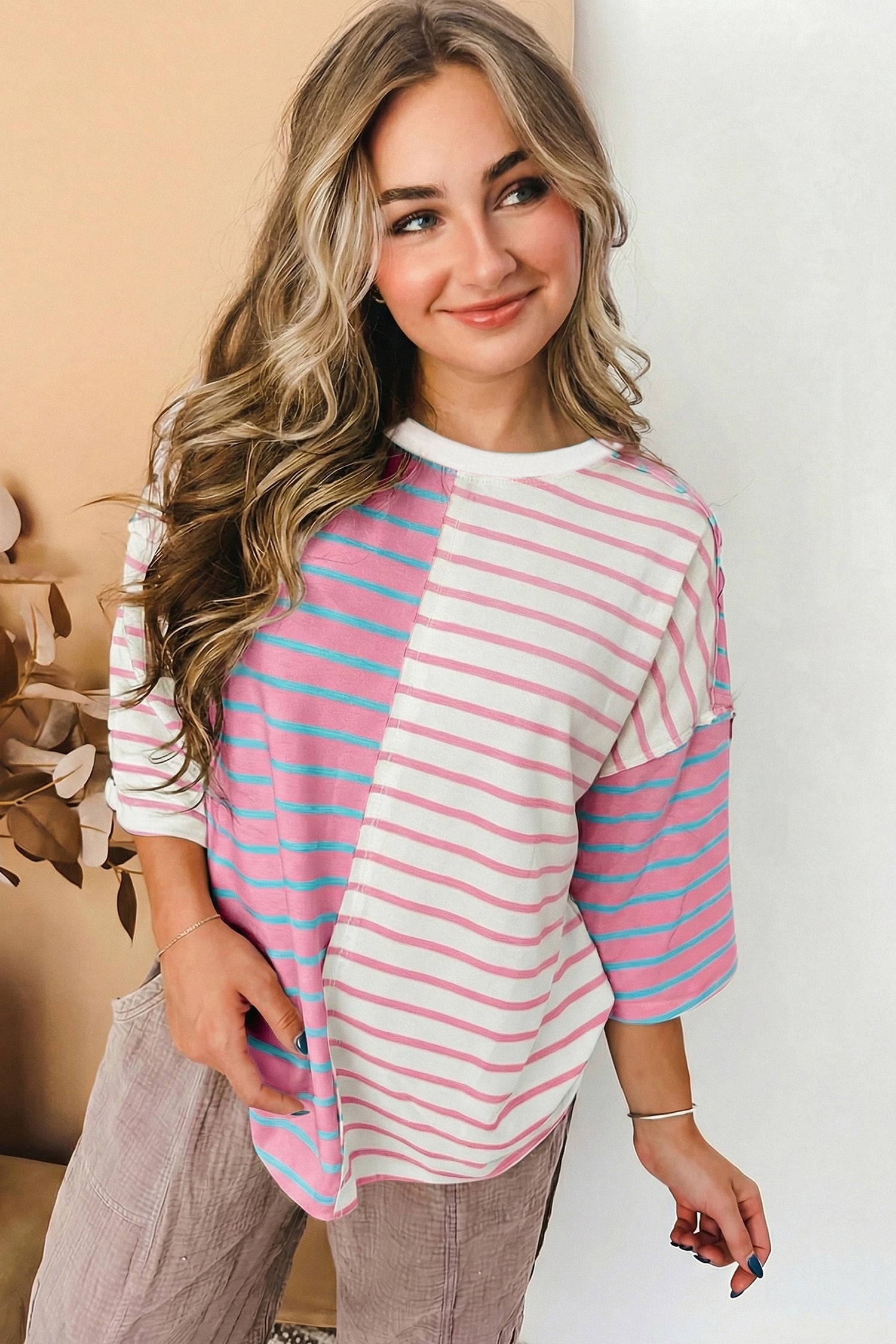 Green Stripe Colorblock 3/4 Sleeve Loose T Shirt-Tops/Tops & Tees-[Adult]-[Female]-2022 Online Blue Zone Planet