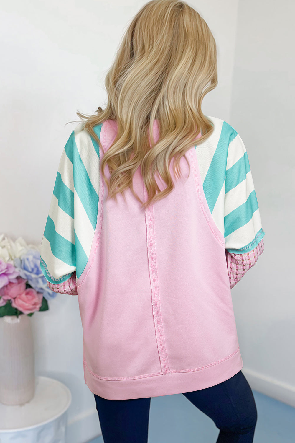 Bonbon Striped Colorblock Patchwork Raglan Pullover Top with Slits-Tops/Long Sleeve Tops-[Adult]-[Female]-2022 Online Blue Zone Planet